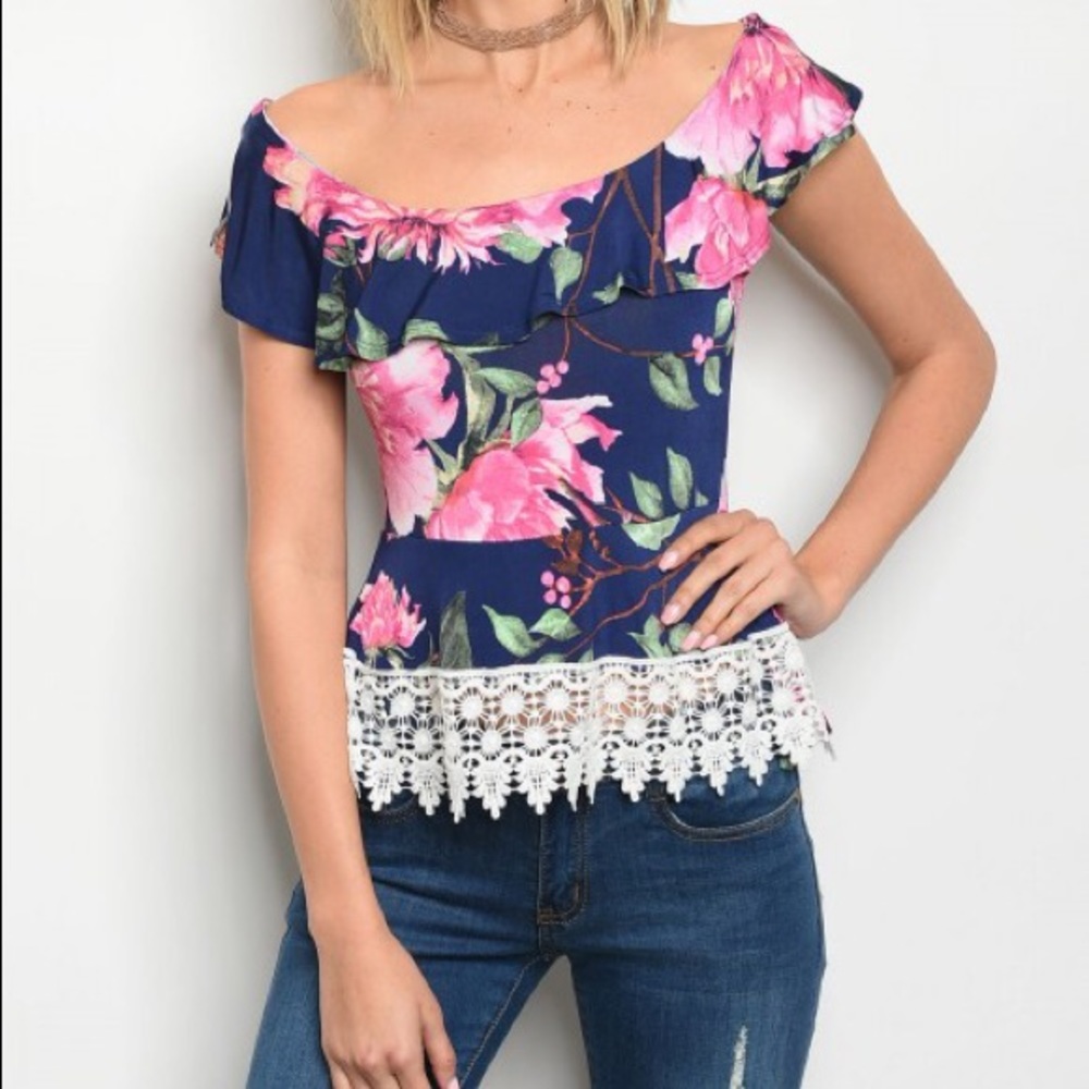 Navy and Pink off shoulder top